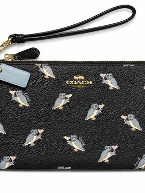Coach Owl Print Wristlet Black Leather Cocktail Owl Zip Pouch Wallet NWOT
